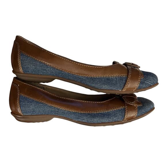 Sofft Flats Brown Leather Denim Blue Loafers Buckle Toe Womens 7.5 M Driving Moc - Picture 6 of 9